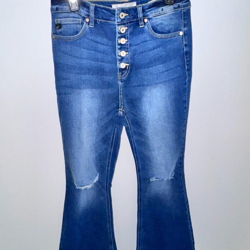 KanCan Indigo Flare Jeans with Button Detail